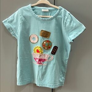 Mini Boden Light Blue Short Sleeve Tee with Tea Cup & Cookie Appliqués